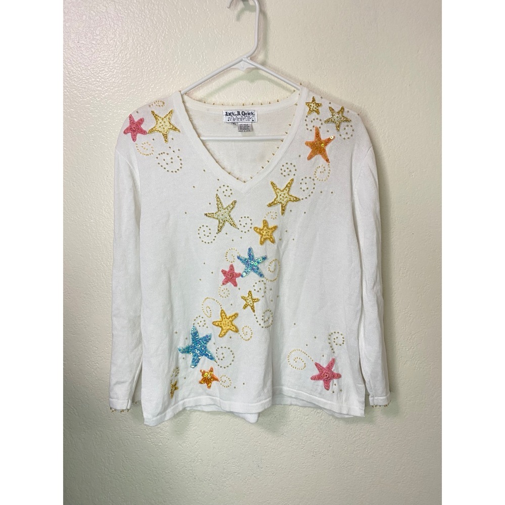 Vintage Jack B Quick Starfish Sequin Embroidered V Neck Sweater Beaded Beachy XL